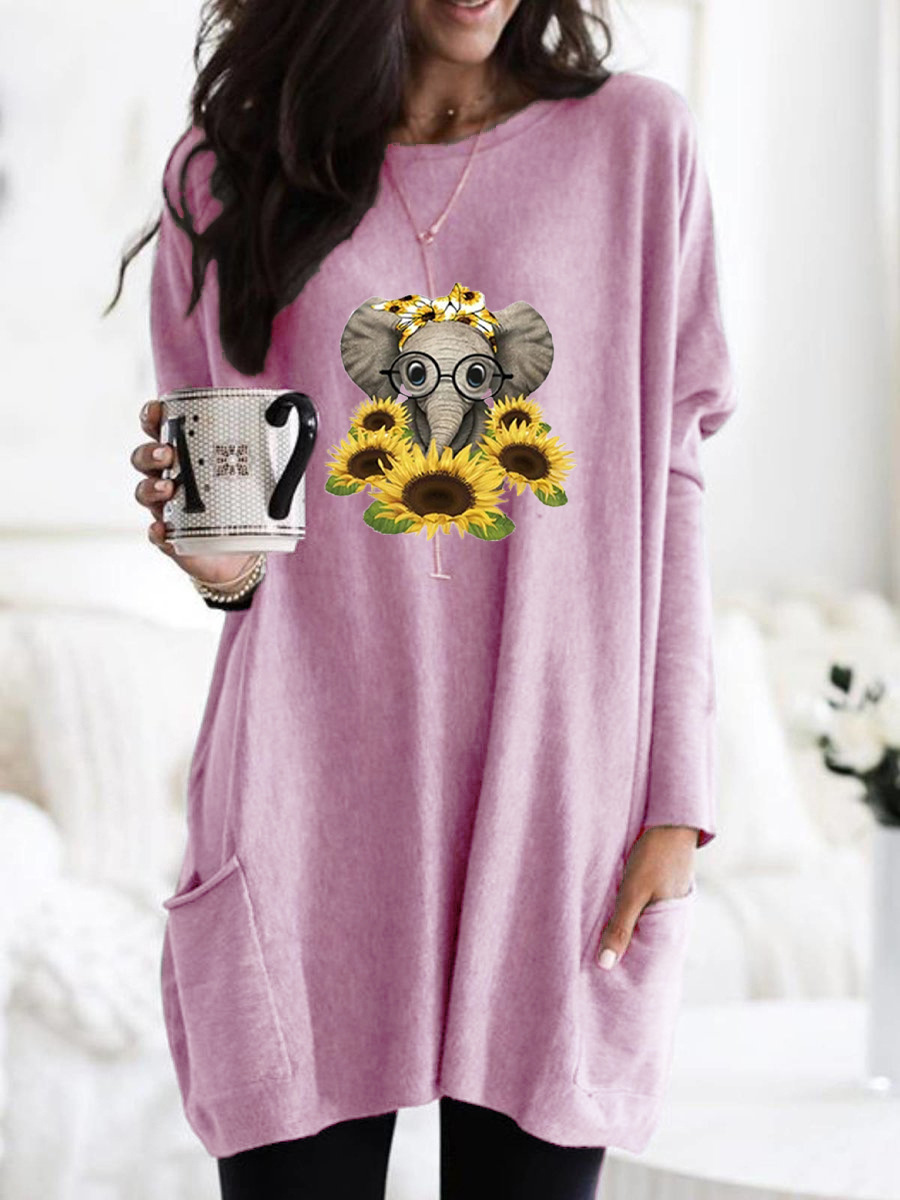 Women's Long Sleeve Loose Crewneck Elephant Print Pocket T-Shirt
