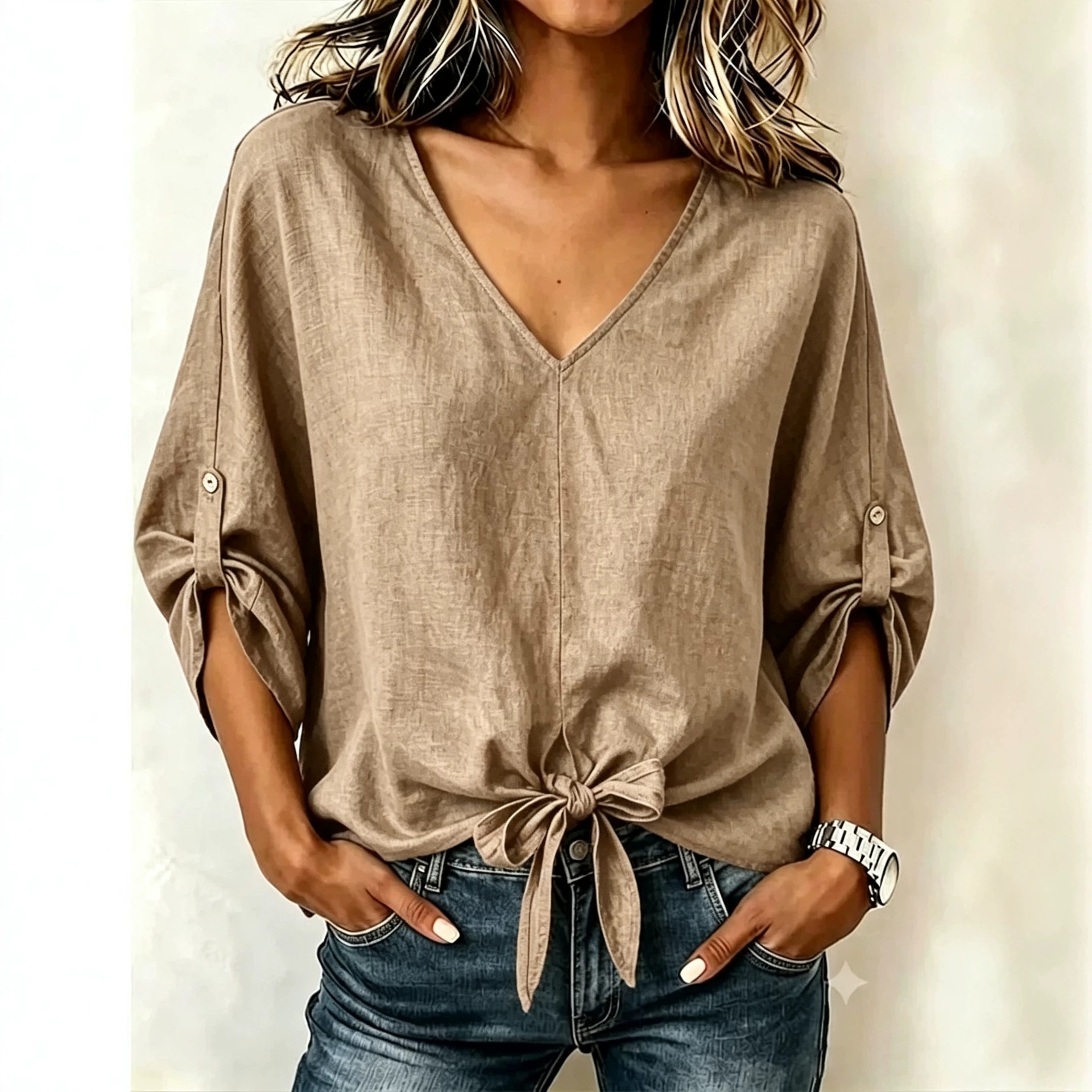 V-Neck Tie-Hem Loose Fit Blouse with Roll-Tab Sleeves