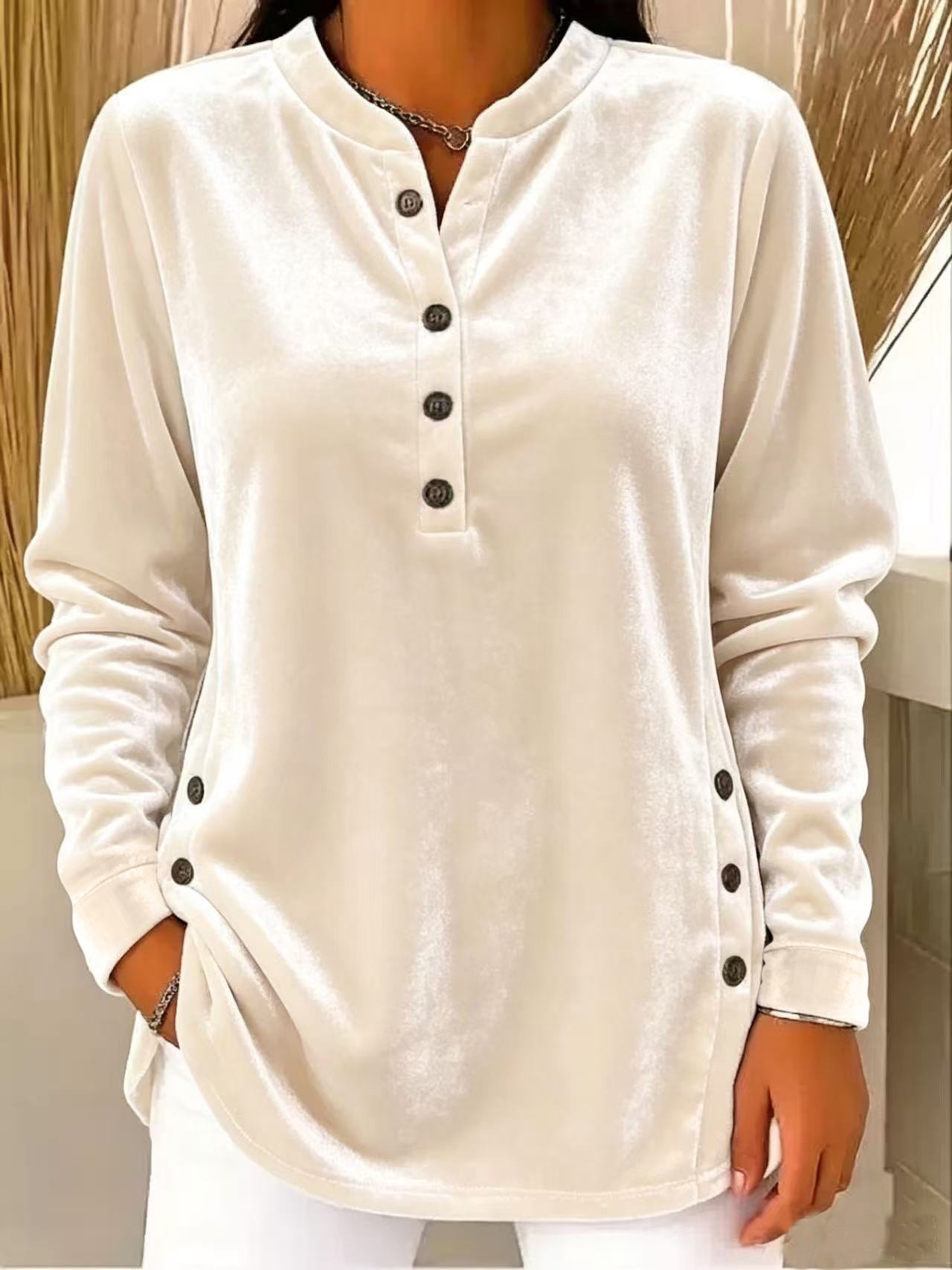 Women's Velvet V-Neck Button Long-Sleeve Loose Fit T-Shirt