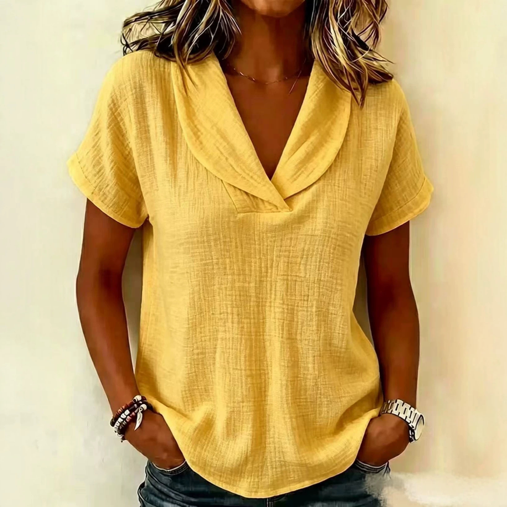 Women's Summer Knit Short Sleeve Top with Butterfly Collar