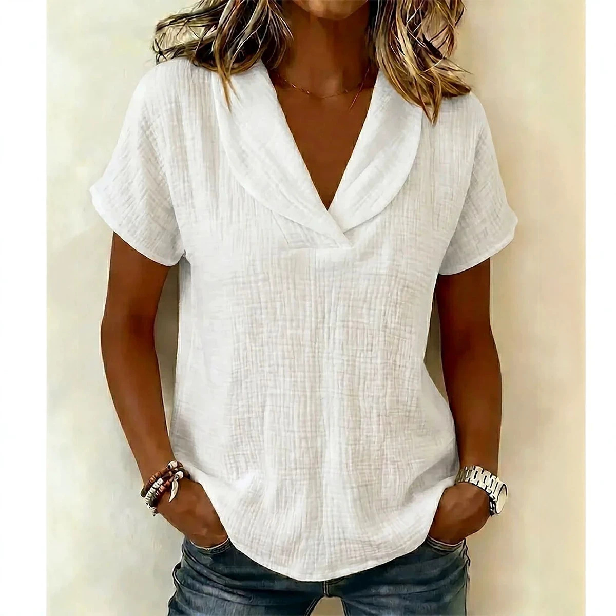Women's Summer Short Sleeve Crepe V-Neck Casual T-Shirt