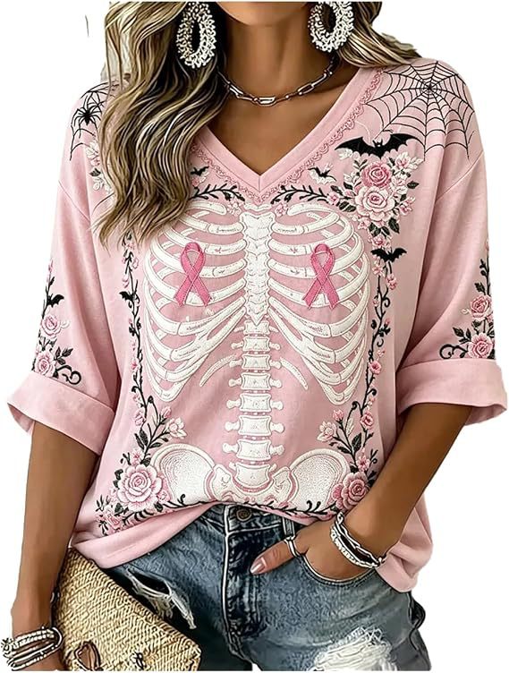 Skeleton Floral Ribbon Print V-Neck Half-Sleeve T-Shirt