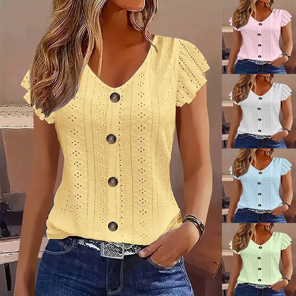 Women's Casual Solid Ruffle Sleeve V-Neck T-Shirt