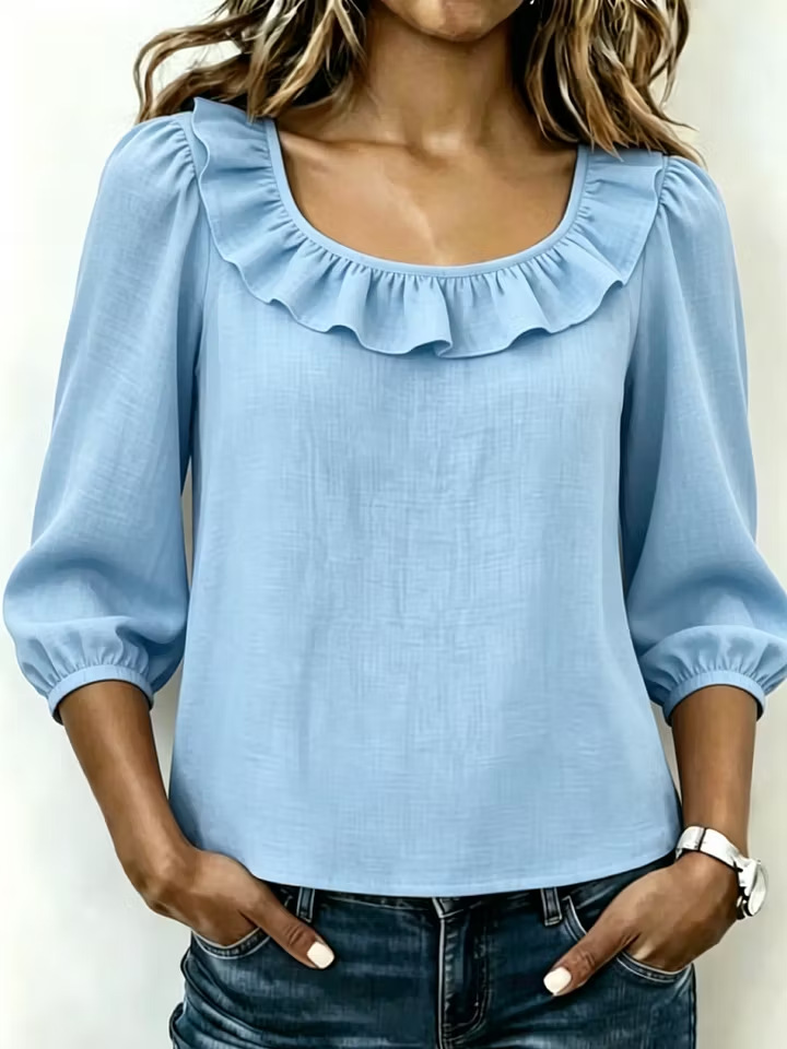 Women's Square Neck Ruffle Top with Puff Sleeves