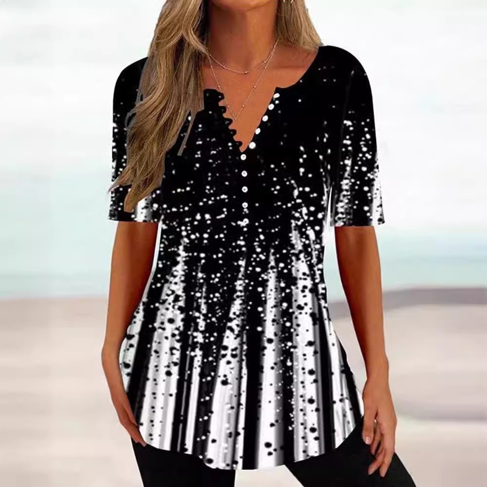 Women's Loose V-Neck Floral Print Pleated Button Short Sleeve Shirt