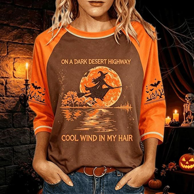 Women's Witch on Flying Broom Halloween Print Crewneck Top