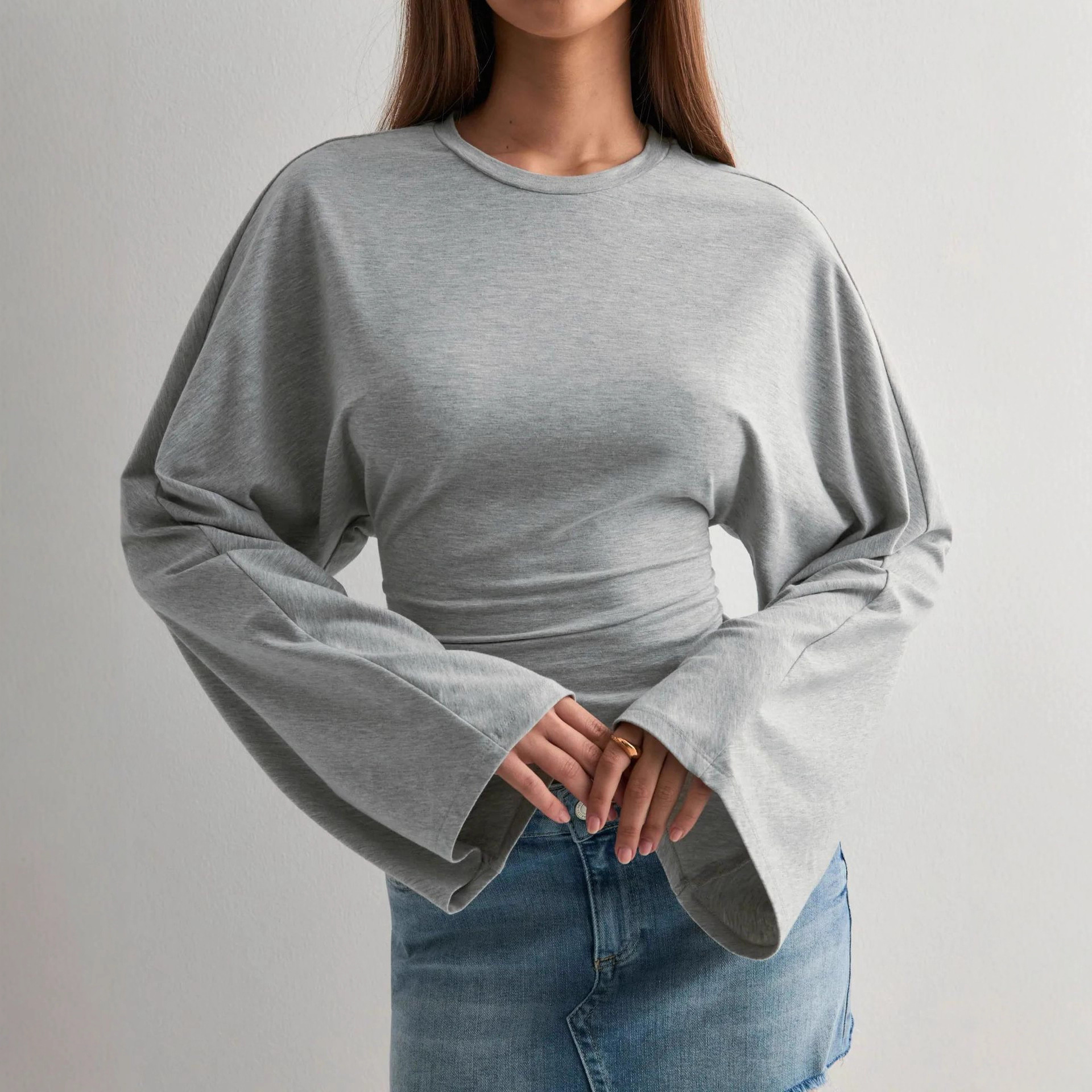 Women's Solid Crewneck Long Sleeve Waist-Cinched Casual Top