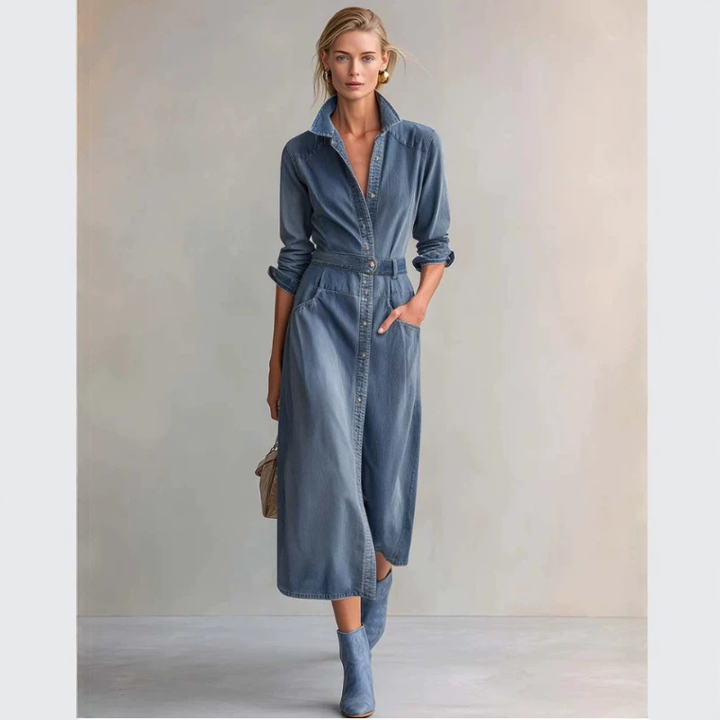 Women's Washed Denim Long Sleeve Shirt Collar Long Dress