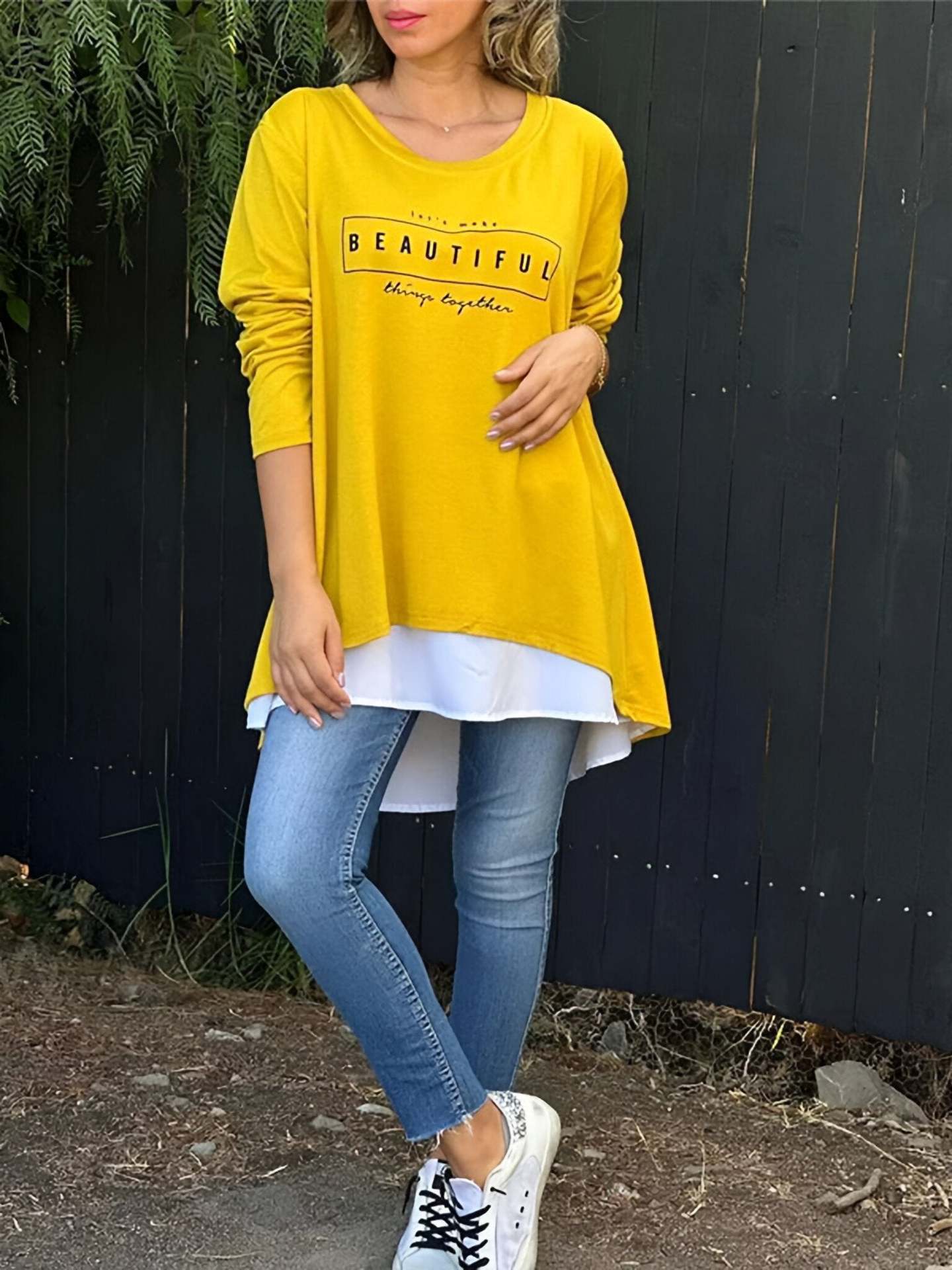 Women's Round Neck Faux Two-Piece Back Button Letter Long Sleeve Top