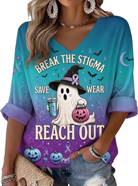 Floral Ribbon Print V-Neck Long Sleeve T-Shirt