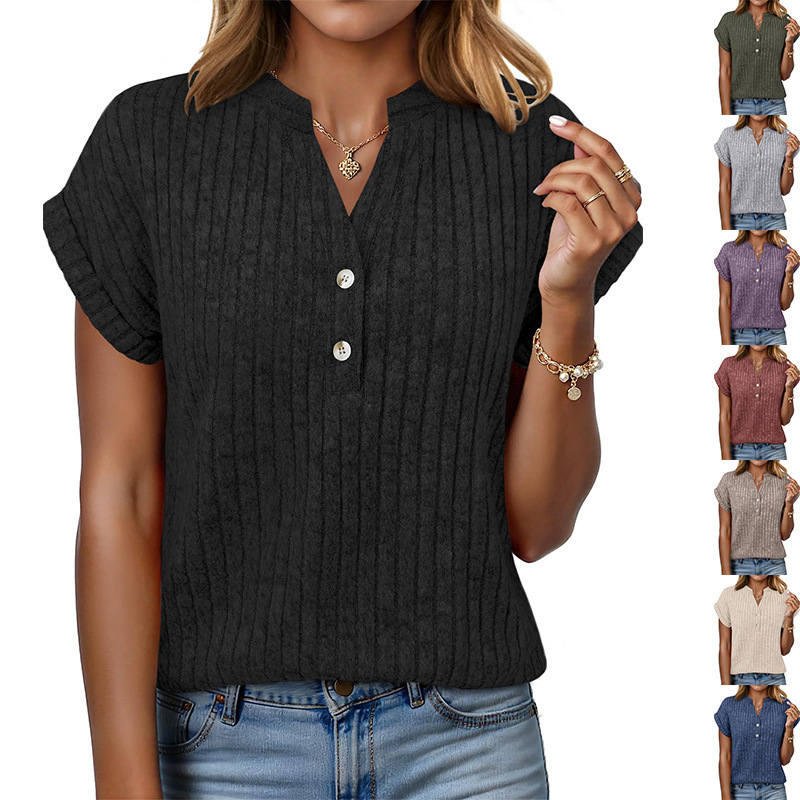 Brushed Ribbed V-Neck Batwing Short-Sleeve Top