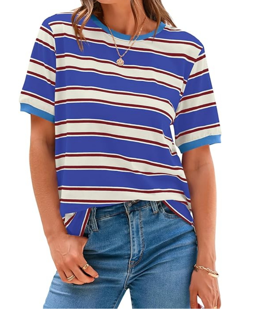 Color-Block Striped Crewneck Loose Casual T-Shirt
