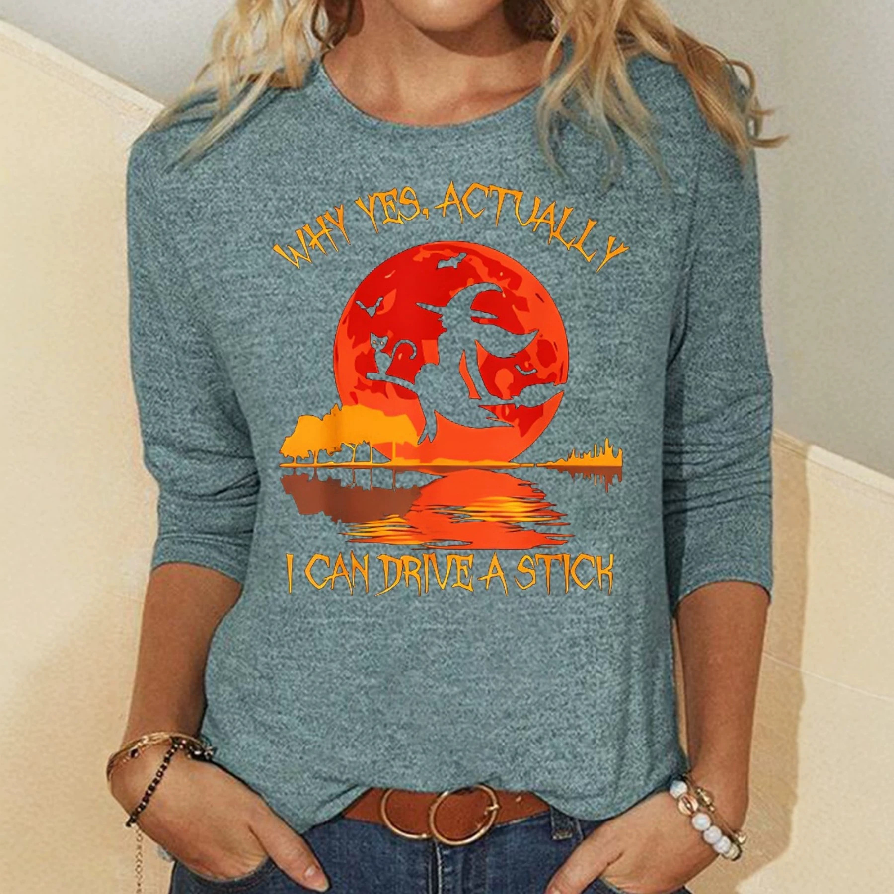 Halloween Witch Letter Print Crewneck Mid-Sleeve Top