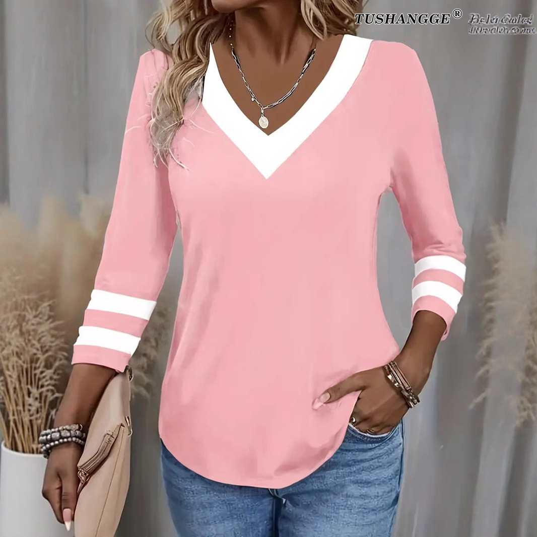 Colorblock Long Sleeve V-Neck T-Shirt