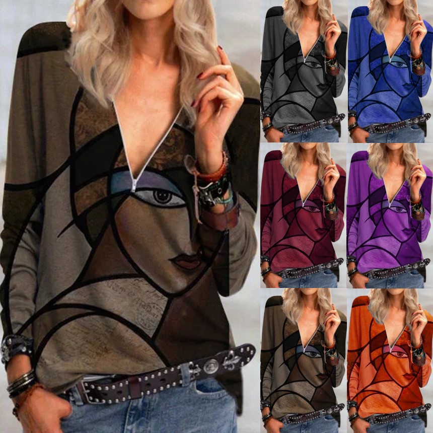 Women's Printed Long Sleeve Zip V-Neck T-Shirt
