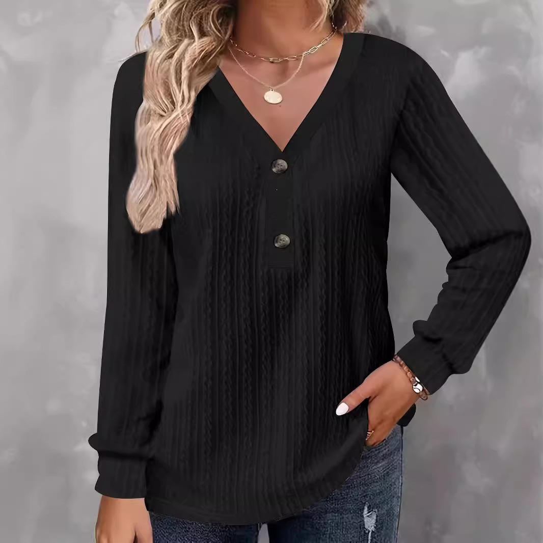 Women's Button V-Neck Long Sleeve Solid Color Casual T-Shirt Top