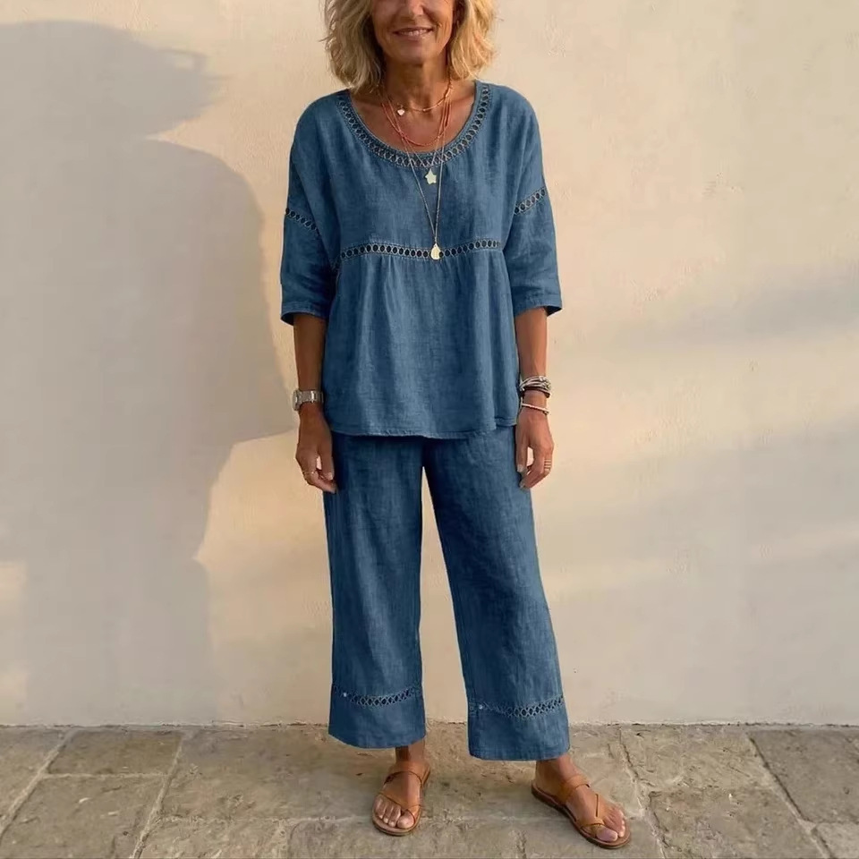 Women's Faux Denim Two-Piece Set – Relaxed Crewneck Lace-Trim Top & Pants