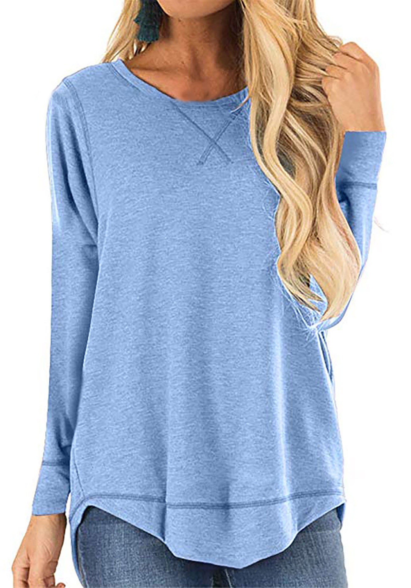 Women's Crewneck Long Sleeve T-Shirt Solid Loose High-Low Hem Casual Top