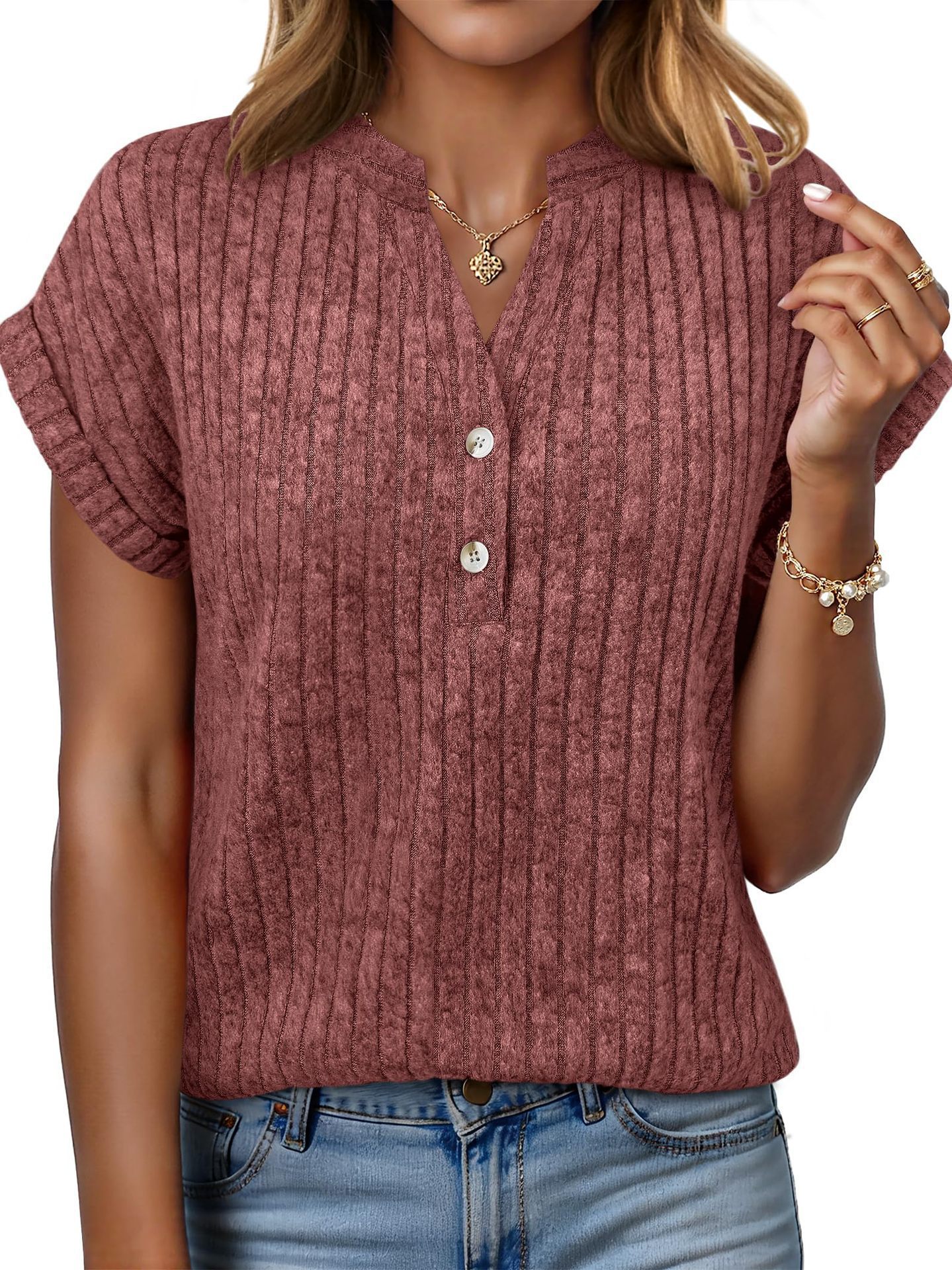 Brushed Ribbed V-Neck Batwing Short-Sleeve Top
