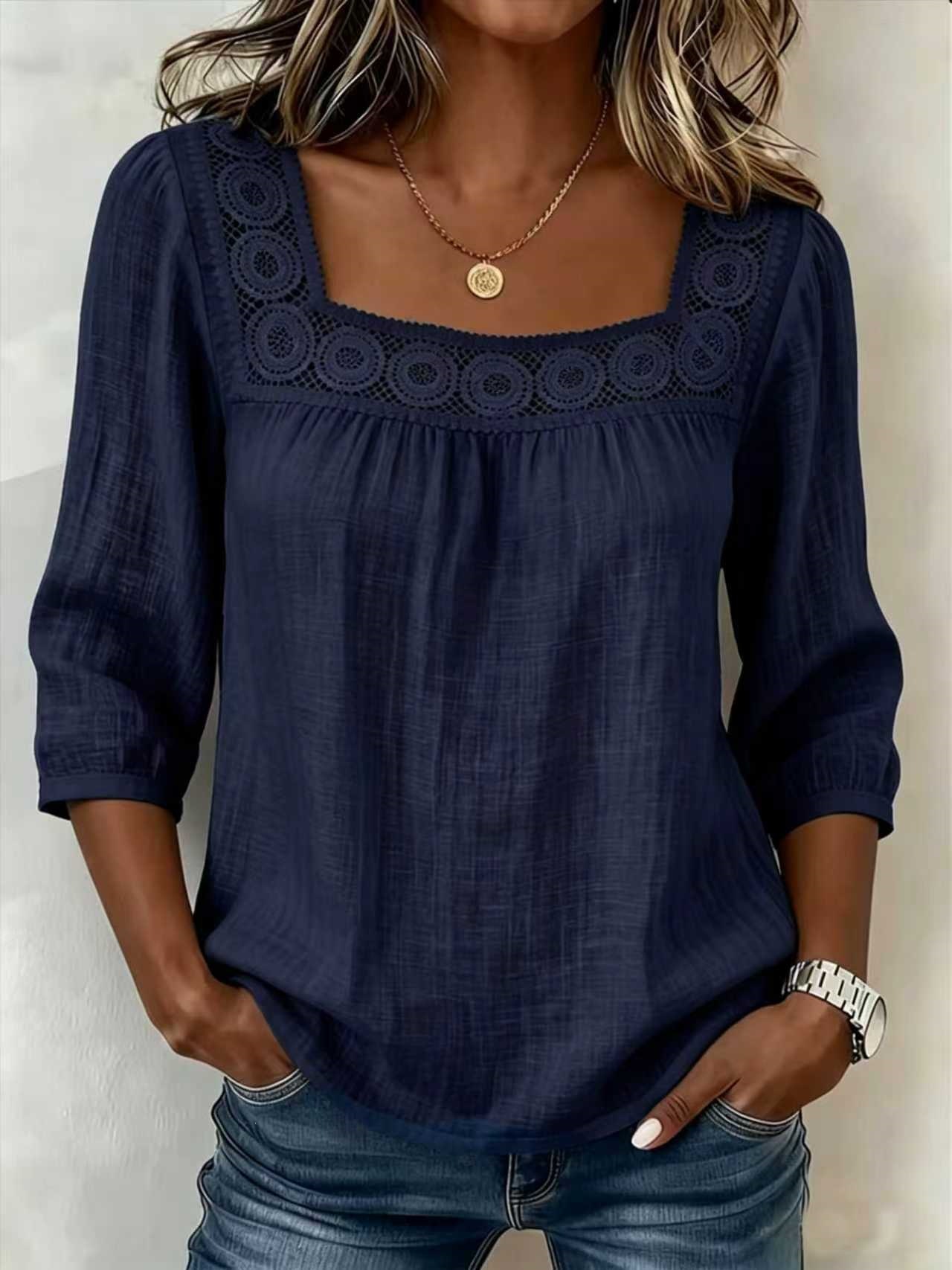 Women's Summer Square Neck Lace Trim 3/4 Sleeve Cotton Linen Top