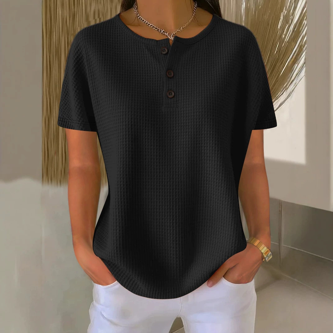 Waffle Knit Crewneck Short Sleeve Pullover Top Solid Color