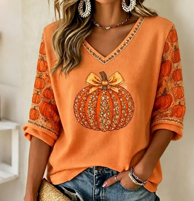 Pumpkin Bow Print V-Neck Half-Sleeve T-Shirt