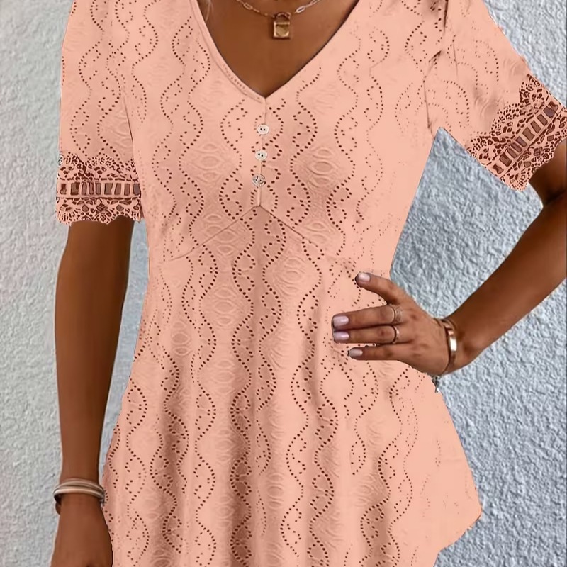 V-Neck Lace Crochet Waist-Fitted Short-Sleeve Top