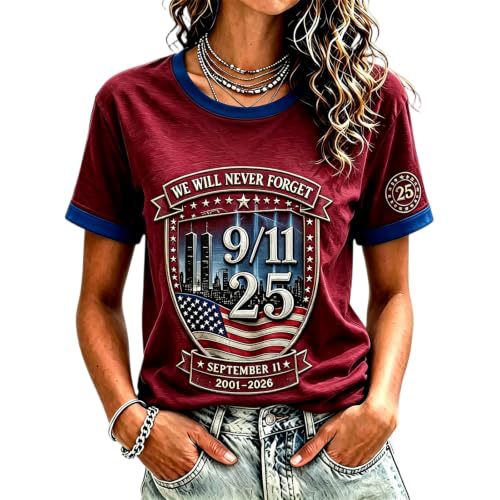 911 Twin Towers Ribbon Flag Print Short Sleeve T-Shirt