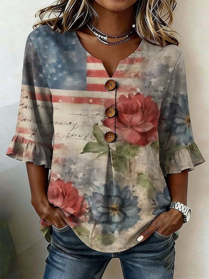 Women's Summer Floral Print Short Sleeve Button-Up Top