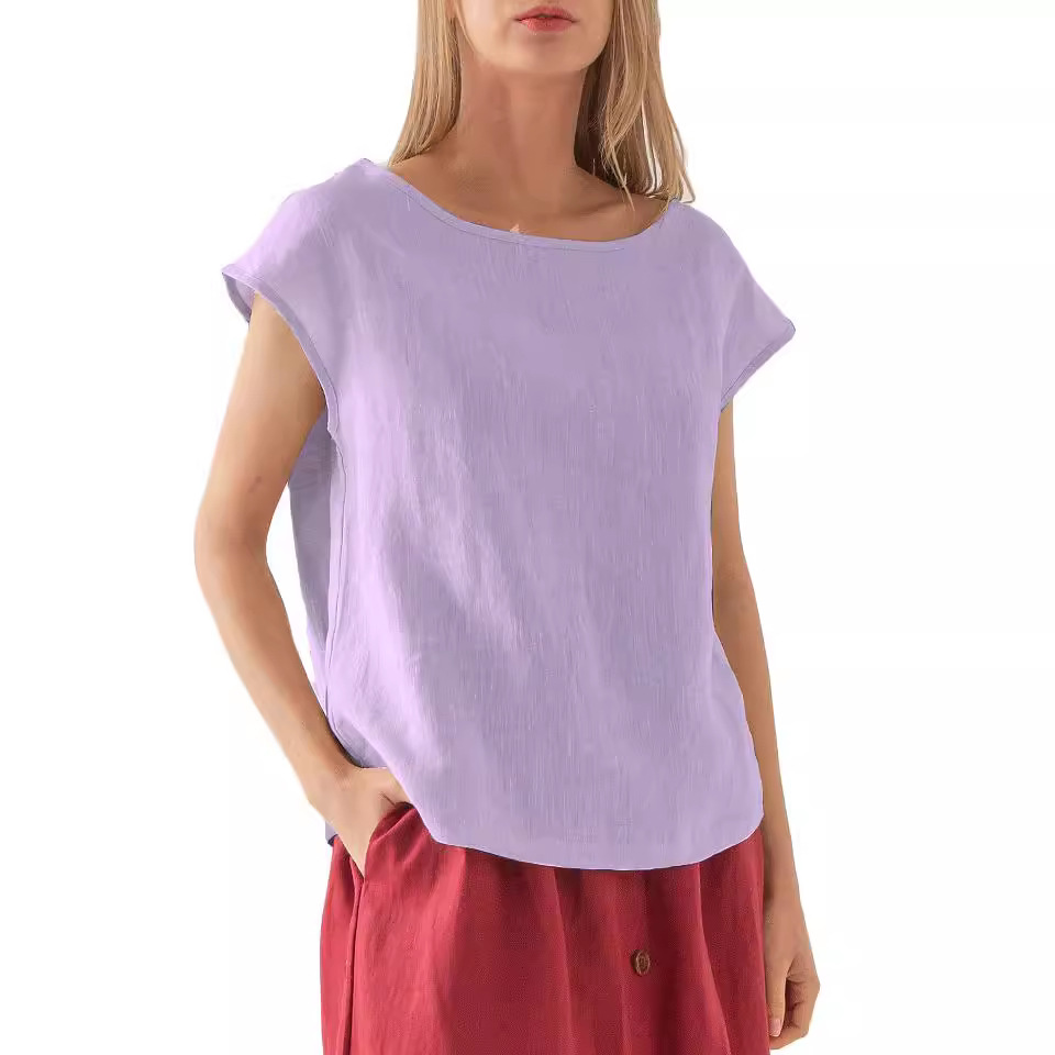 Women's Linen Short Sleeve Crewneck T-Shirt Solid Color Loose Fit