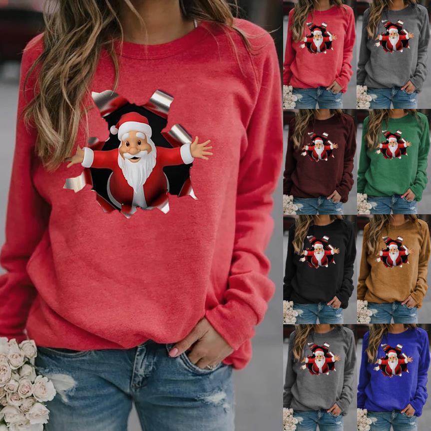 Santa Print Long-Sleeve Crewneck Brushed T-Shirt for Women