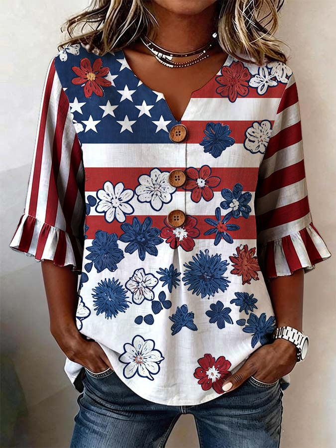 Women's Summer Floral Print Short Sleeve Button-Up Top