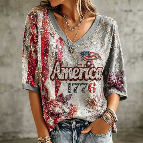 Women's American Flag Firework Print V-Neck Short Sleeve T-Shirt