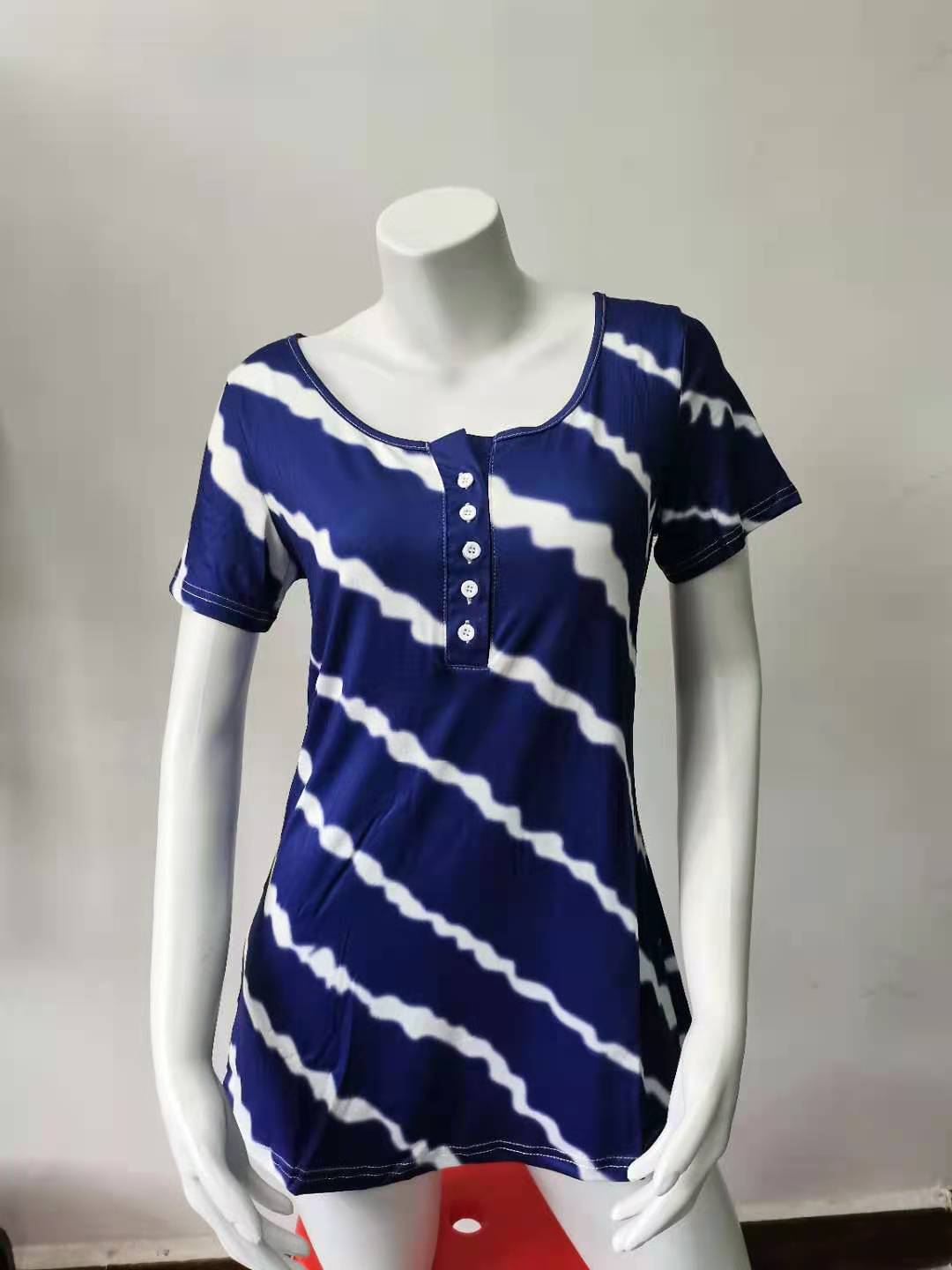 Striped Crewneck Button Short-Sleeve T-Shirt