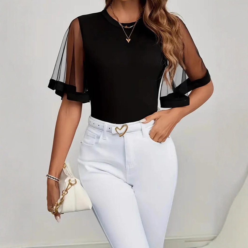 Women's Sheer Mesh Bell Sleeve Top Casual Stretch Black