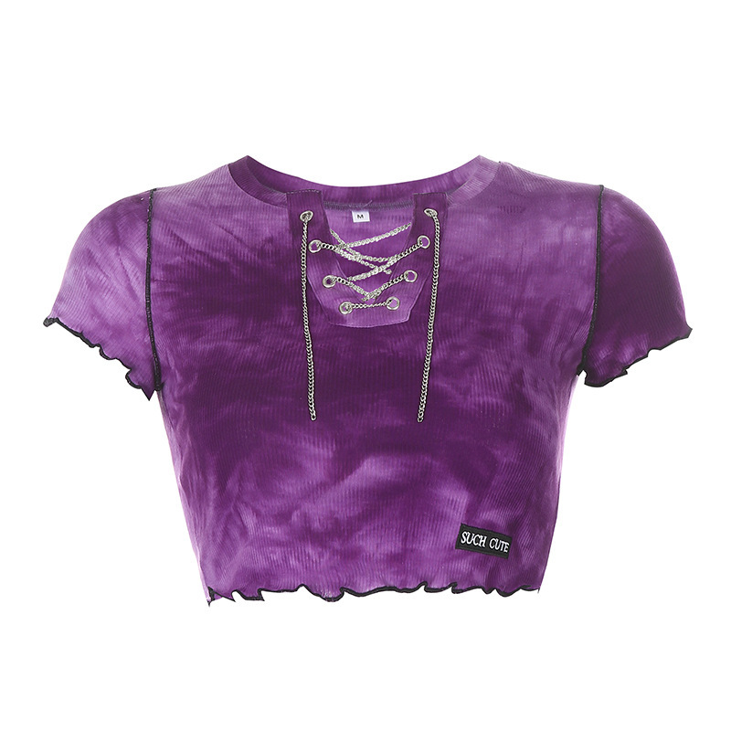 Sexy Tie-Dye V-Neck Chain Fitted Short-Sleeve Top