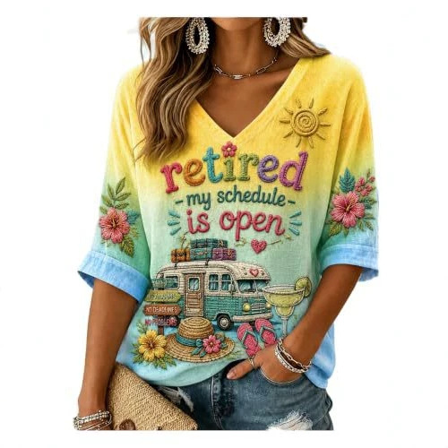 Women's Summer V-Neck Half-Sleeve Printed T-Shirt
