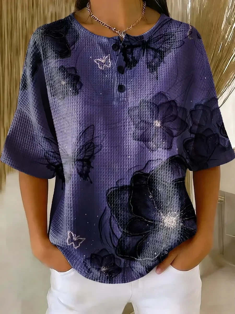 Floral Plaid Print Crewneck Short Sleeve Button Top