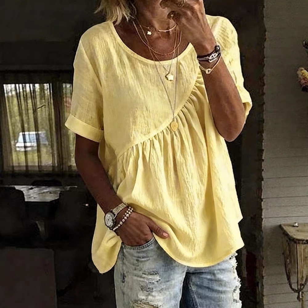 Women's Solid Crewneck Short Sleeve Ruched Top