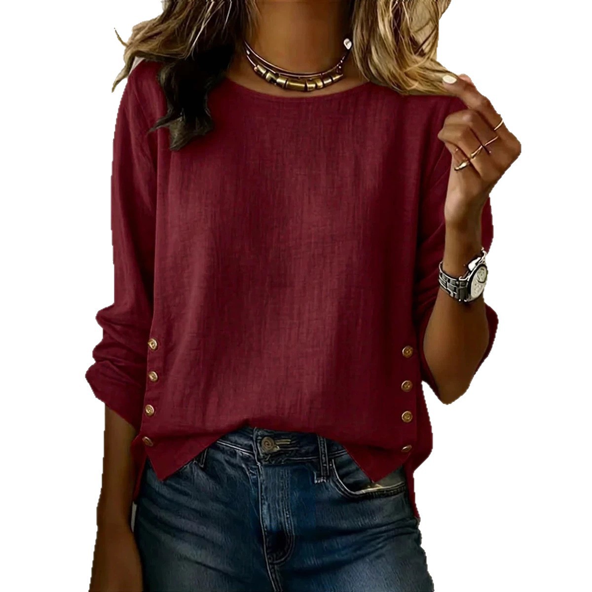 Women's Solid Crewneck Loose Casual Cotton-Blend Top