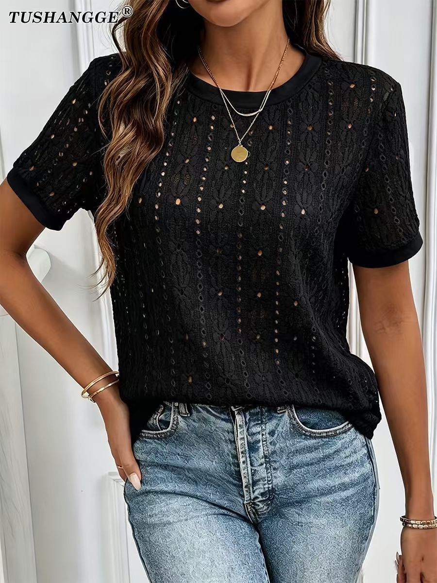 Women's Water-Soluble Embroidered Pointelle Knit T-Shirt