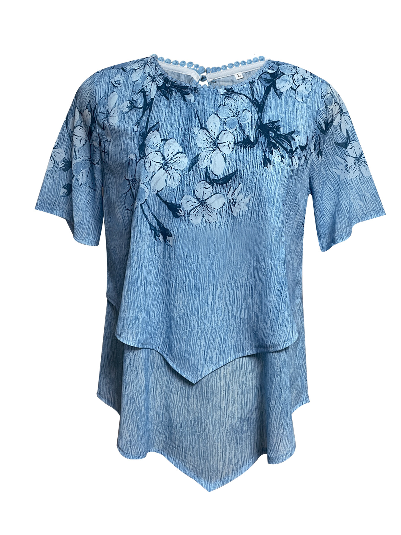 Floral Print Round Neck Asymmetric Short Sleeve Double-Layer Top