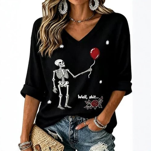 Skull Floral Balloon Print V-Neck Mid-Sleeve T-Shirt
