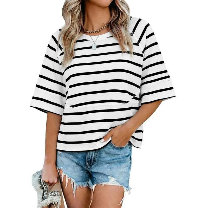 Women's Summer Colorblock Crewneck Bell Sleeve Loose T-Shirt