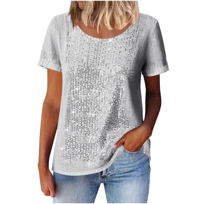 Women's Sequin Loose Crewneck Short Sleeve Top