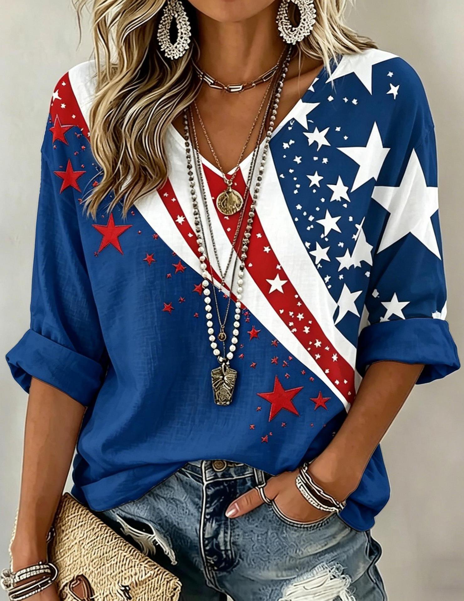 Star Striped Print V-Neck Half-Sleeve T-Shirt for Women