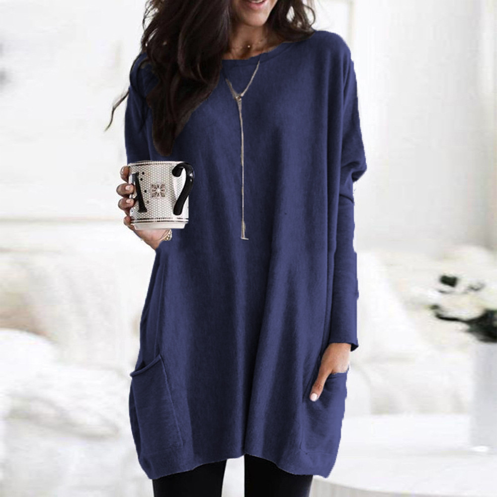 Women's Long Sleeve Pocket T-Shirt Casual Loose Fit Crew Neck Solid Color