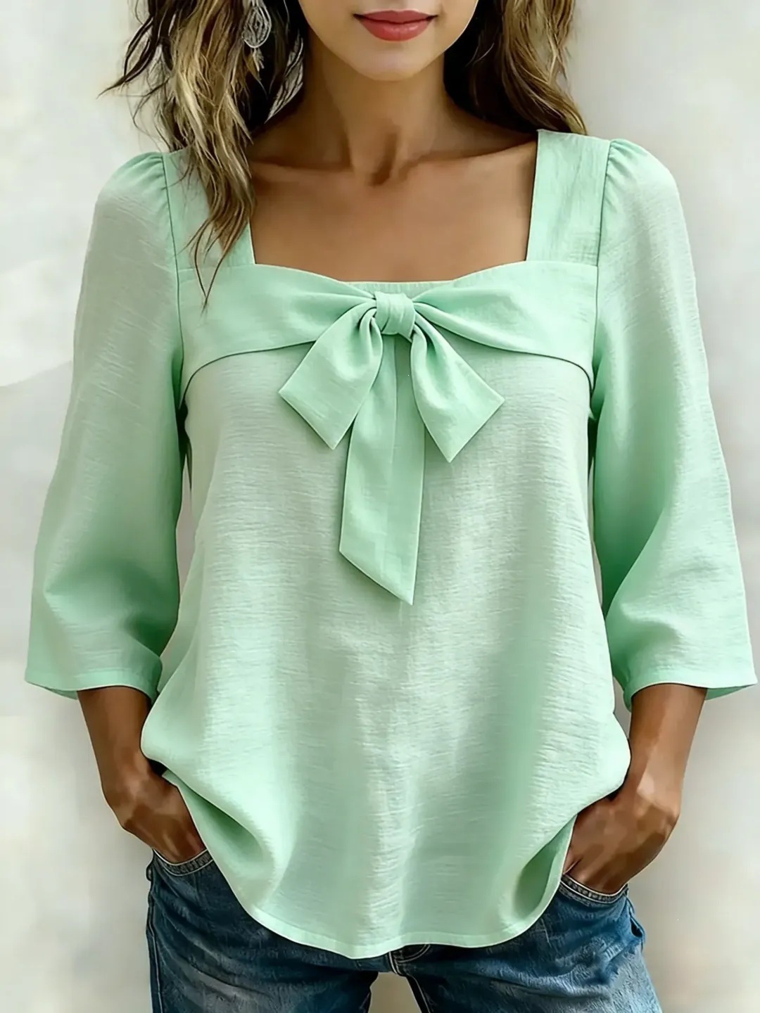 Women's Square Neck Bow Tie Blouse Casual Sweet Top