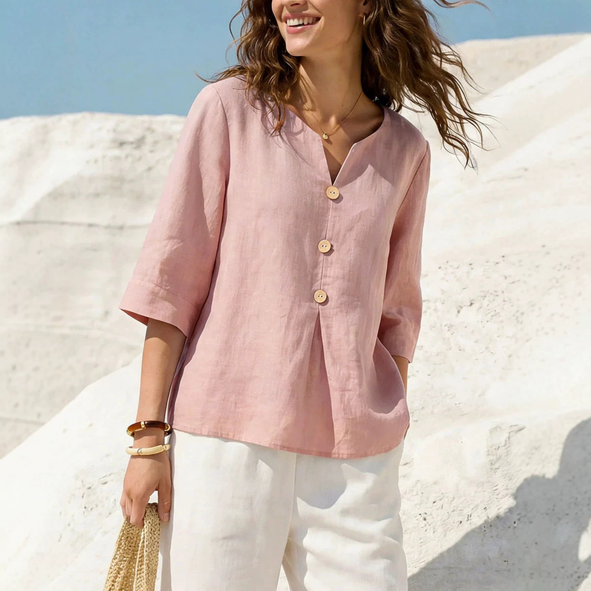 Women's Solid Color Cotton-Linen V-Neck Button T-Shirt Casual Loose Fit