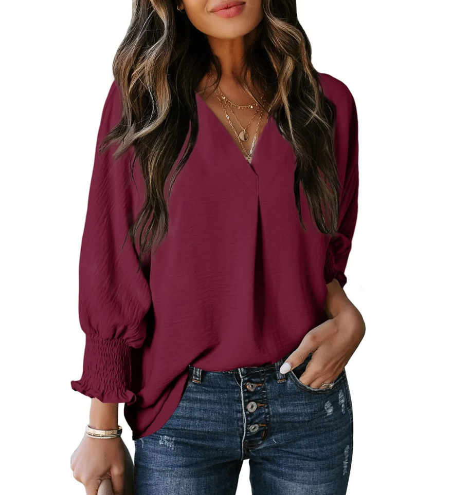 Women's V-Neck Long Sleeve Loose Blouse Top